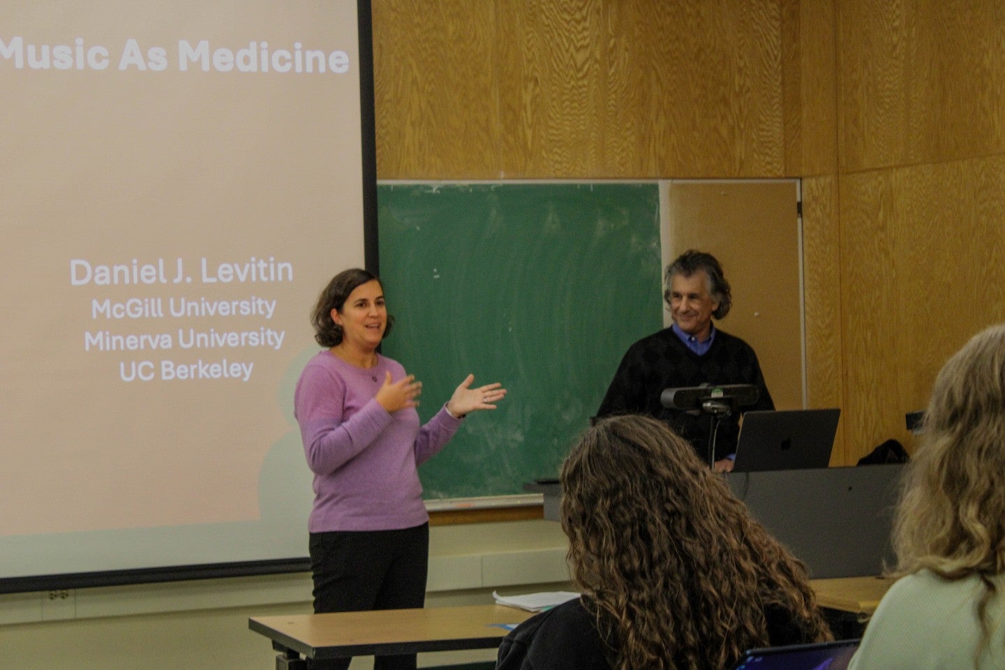 nicole dudukovic and daniel levitin speak to classroom