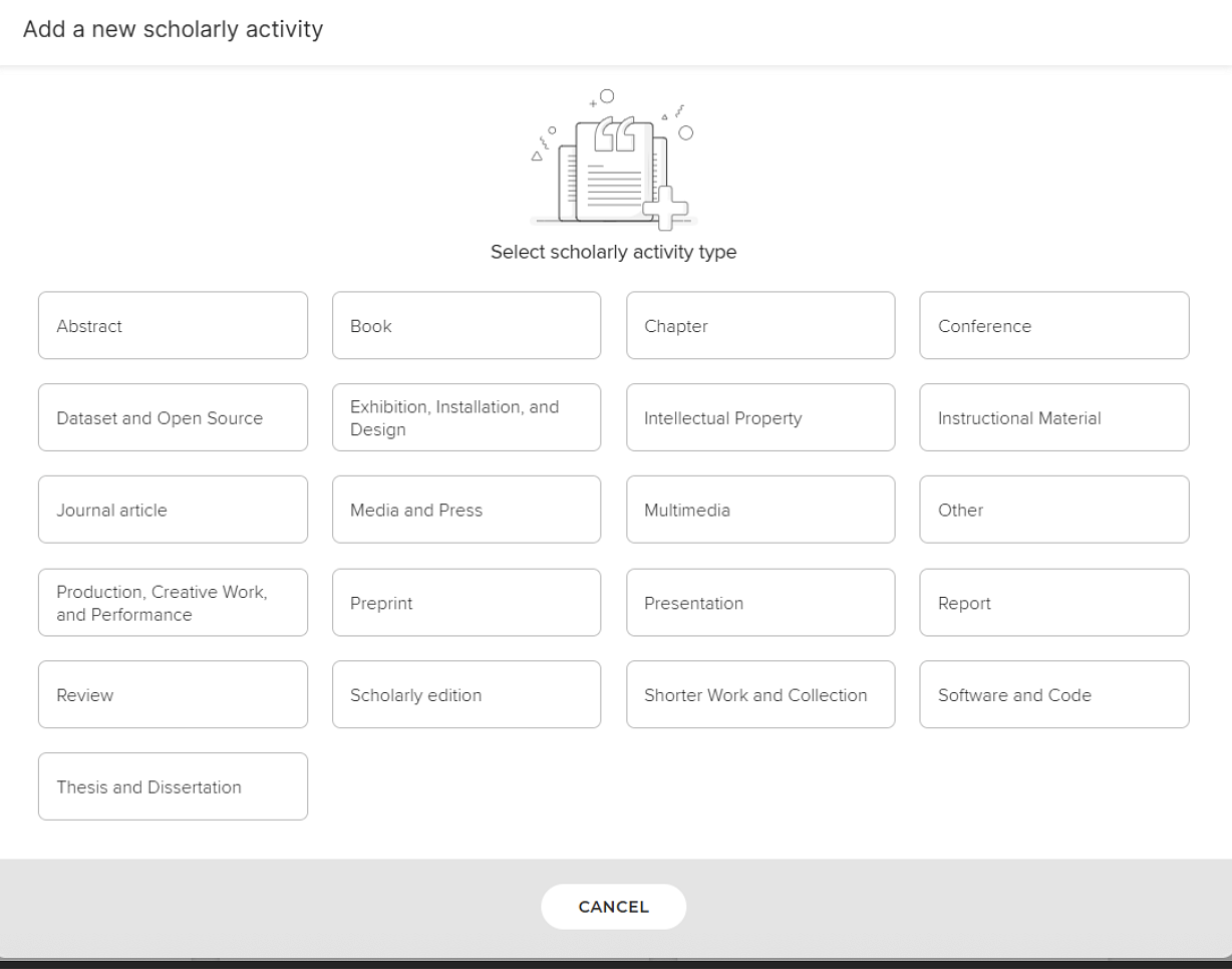 Screenshot of adding a new scholarly activity in Elements