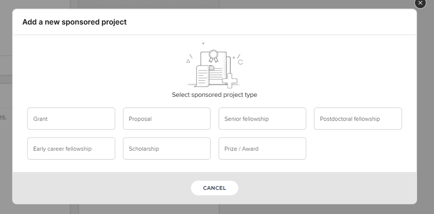 Screenshot of adding a new sponsored project
