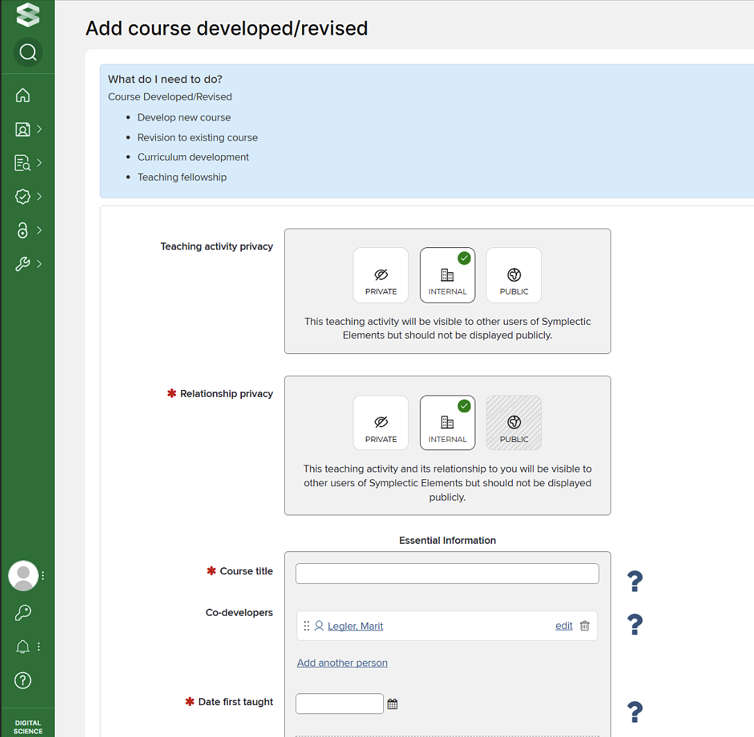 Screenshot of adding a course
