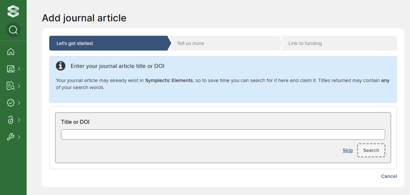 Screenshot of adding a journal article in Elements