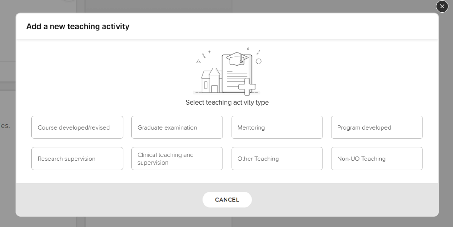 Screenshot of adding new teaching activity