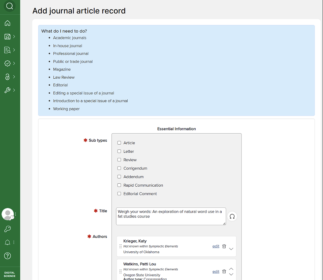 Screenshot of elements journal article record page