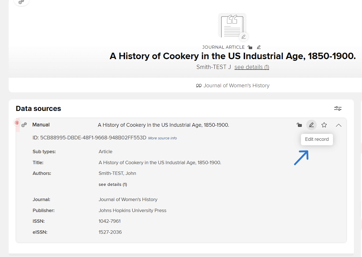 screenshot of Elements journal article entry
