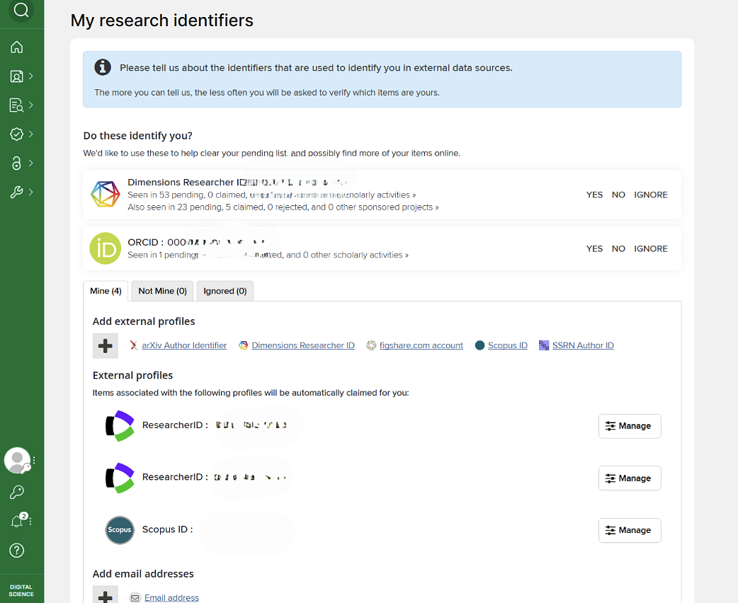 Screenshot of Elements Research Identifiers page