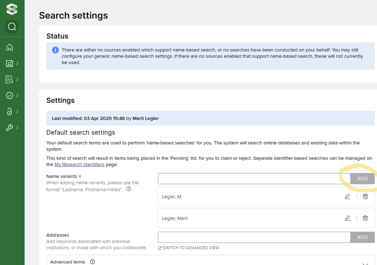 Screenshot of Elements search settings
