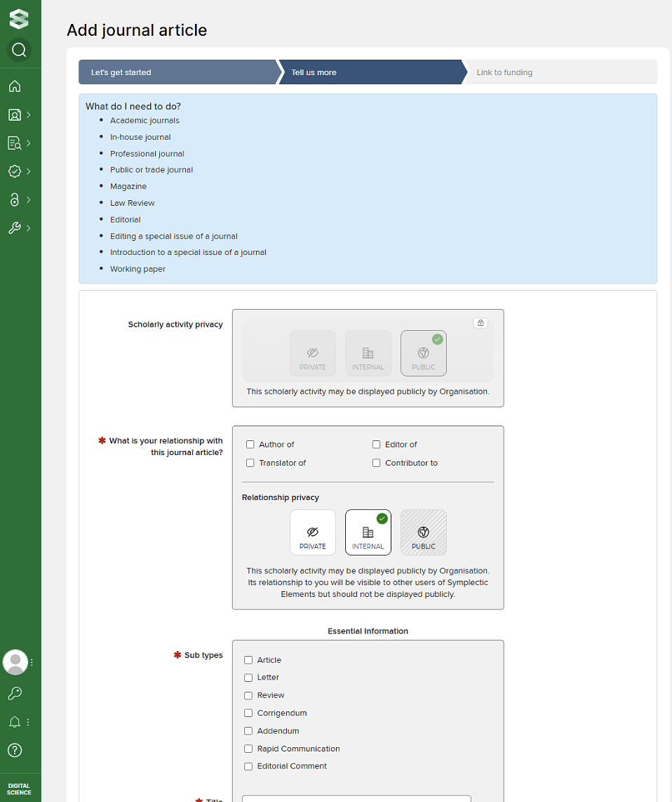 Screenshot of Elements Journal Article Entry