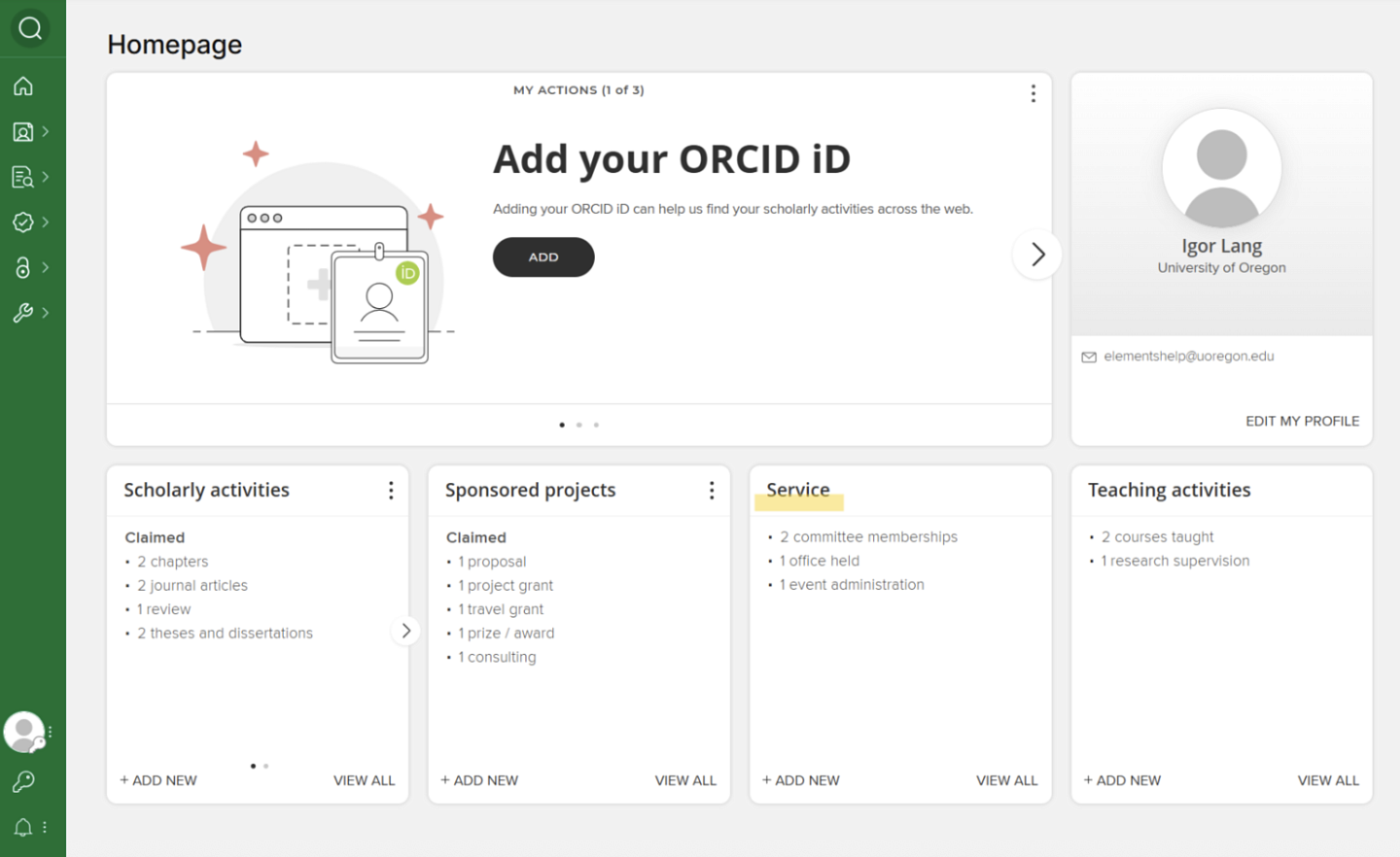Screenshot of service activities in Elements