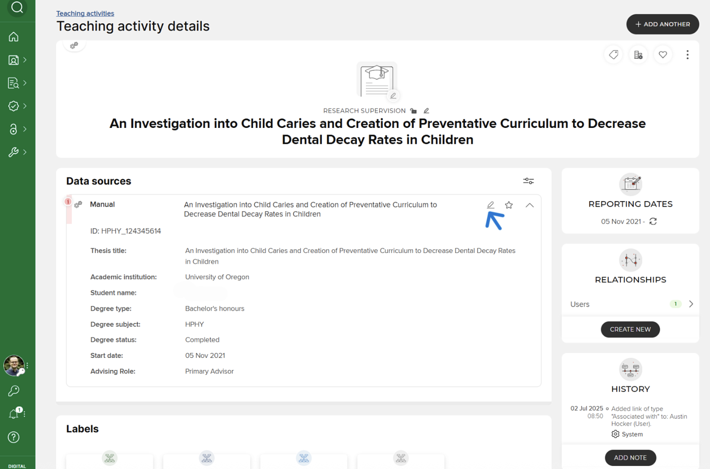 Screenshot of teaching activity details