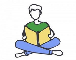Drawing of student reading a book while sitting down with their legs crossed
