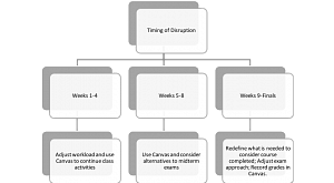 Flowchart diagraming the responses to academic disruptions at different times within an academic term. Explanation in previous text.
