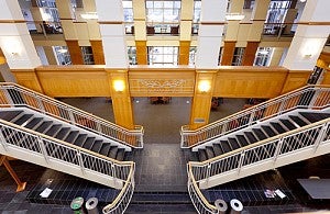 Center staircase within the UO School of Law building
