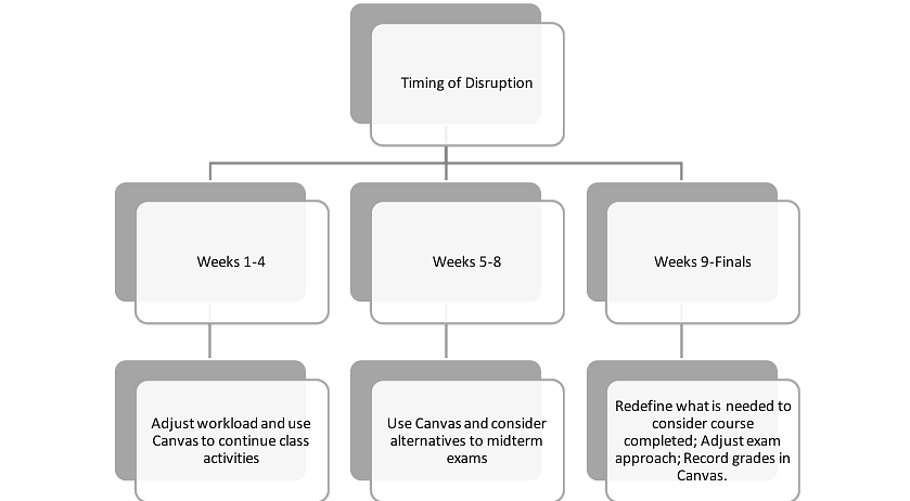 Flowchart diagraming the responses to academic disruptions at different times within an academic term. Explanation in previous text.